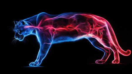 A puma is shown in a blue and red color scheme. The puma is walking on a black backgroundの素材