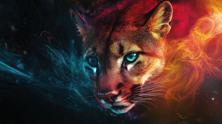 A colorful puma with blue eyes. The puma's face is surrounded by a blue and red swirl, giving it a unique and artistic appearanceの素材