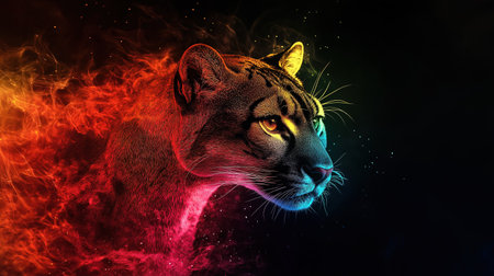 A colorful puma on a black background. The puma is the main focus of the image, and the colors of the background create a sense of energy and excitementの素材