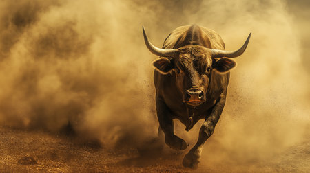 A bull is running through a dusty field. Concept of power and strength, as the bull's horns and muscular build suggest that it is a formidable forceの素材