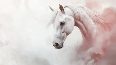 A white horse on bright background. The horse is the main focus of the image. The background is a mix of white and red, giving the image a sense of depth and contrastの素材