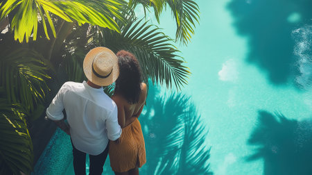 A man and woman are standing by a pool. The man is wearing a straw hat and the woman is wearing a yellow skirt. Scene is relaxed and romanticの素材