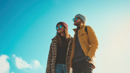 A couple standing in the sun with sunglasses onの素材