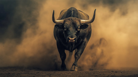 A bull is running through a dusty field. Concept of power and strength, as the bull charges through the dirt. The dust in the air adds to the feeling of movement and energyの素材