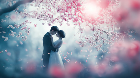 A couple is hugging in front of a tree with pink blossoms. Concept of love and happiness, as the couple is captured in a tender moment together. The pink blossoms add a touch of romanceの素材