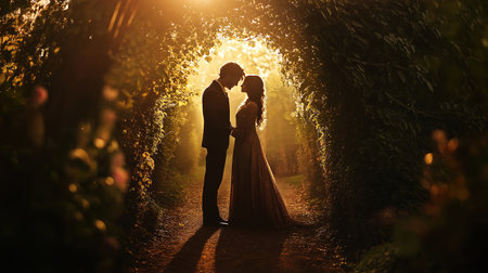 A couple is standing in a tunnel. The image has a romantic and intimate moodの素材