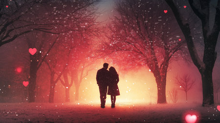 A couple walking in a forest with a red background and hearts in the snow. Scene is romantic and peacefulの素材