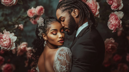 A man and woman are embracing each other in a flowery background. The woman is wearing a white dress and the man is wearing a suit. Scene is romantic and intimateの素材