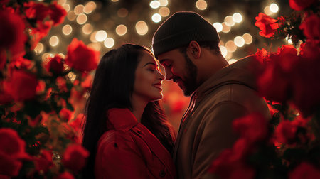A couple is standing in a field of red roses. The man is wearing a hat and the woman is wearing a red coat. They are both smiling and looking at each otherの素材