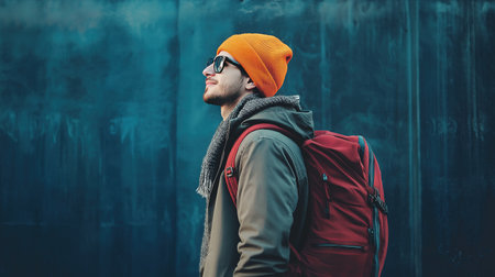 A man wearing a red backpack and an orange cap is smiling. He is standing in front of a wallの素材