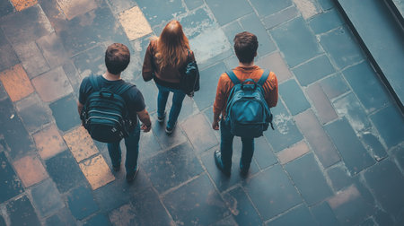 Three people are walking down a street, each carrying a backpack. The scene is set in a city, with a brick sidewalk. Scene is casual and relaxedの素材