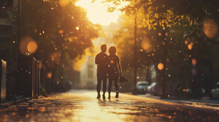 A couple walking down a street with a sunset in the background. Scene is romantic and peacefulの素材