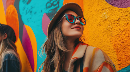 A woman wearing sunglasses and a hat is smiling. She is standing in front of a colorful wallの素材
