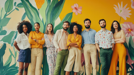 A group of people are standing in front of a wall with a floral design. They are all wearing yellow and green clothingの素材