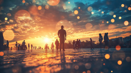 A group of people are walking on a beach at sunset. The sky is filled with bright colors and the sun is setting in the distance. The people are scattered throughout the sceneの素材