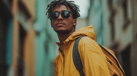 A man wearing a yellow jacket and sunglasses is standing on a city street. He is carrying a backpack and he is in a casual, relaxed moodの素材