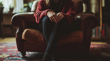 A woman is sitting in a leather chair with her legs crossed. She is wearing a red sweater and black pantsの素材