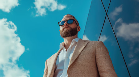 A man wearing a suit and sunglasses stands in front of a building. The sky is blue and there are clouds in the backgroundの素材