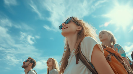 A group of people are smiling and enjoying the sunny dayの素材