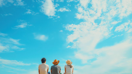 Three people are sitting on a hillside, looking up at the blue sky. Scene is peaceful and relaxingの素材