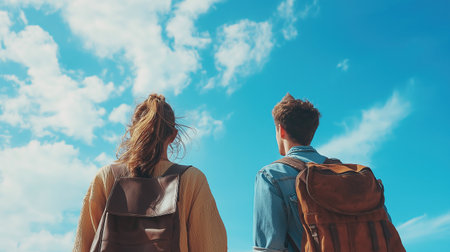 Two people are standing in the open air, looking at sky. The sky is blue and there are clouds in the background. Scene is peaceful and relaxedの素材