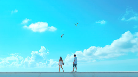 A couple standing on a ledge. The sky is blue with clouds in the backgroundの素材