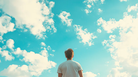 A man is standing in the sky looking up at the clouds. The sky is blue and the clouds are whiteの素材