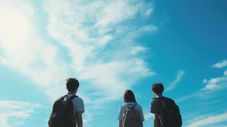 Three people are standing in the open air, looking up at the sky. They are all wearing backpacks and are looking at the cloudsの素材