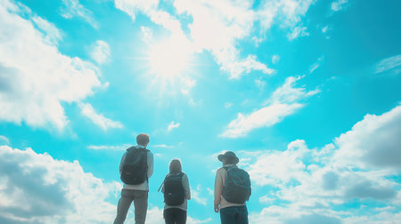 Three people are standing in the sky, looking up at the sun. The sky is blue with some clouds, and the sun is shining brightlyの素材
