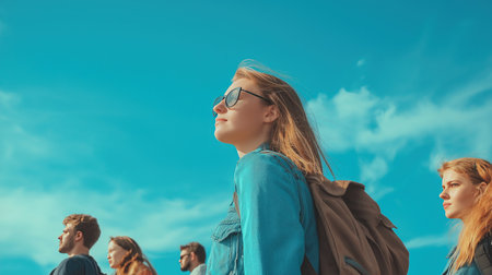 A woman wearing a blue shirt and glasses is smiling and looking up at the sky. She is wearing a backpack and is surrounded by other people. Scene is cheerful and relaxedの素材
