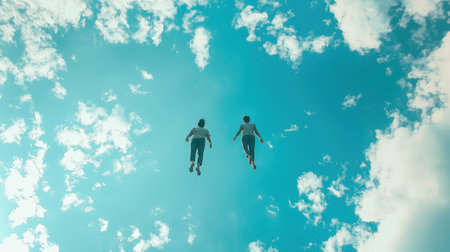 Two people are flying in the sky. The sky is blue and cloudyの素材