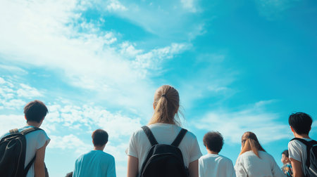 A group of people are standing looking up at the sky. Scene is peaceful and relaxed, as the group of people are enjoying the outdoorsの素材