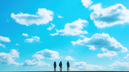Three people are walking, with sky in the background. The sky is blue and the clouds are whiteの素材