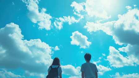 Two people standing in the sky looking at the clouds. The sky is blue and the clouds are whiteの素材