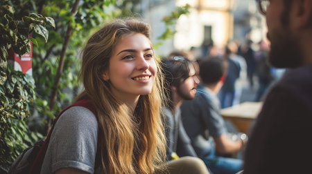 A woman with long hair is smiling at a man. She is wearing a red backpack. There are other people in the backgroundの素材