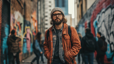 A man wearing a brown jacket and a cap stands in front of a graffiti wall. He is surrounded by other people, some of whom are carrying backpacks. The scene has a casual, urban vibeの素材