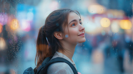 A woman with a backpack at the rain. The scene is blurry and the woman's face is the only clear part of the imageの素材