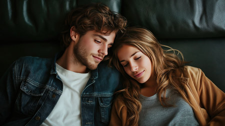 A man and a woman are lying on a couch, both smiling. Scene is warm and affectionate, as the couple appears to be enjoying each other's companyの素材