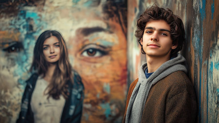 The man is wearing a brown jacket. Scene is casual and relaxedの素材