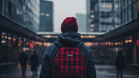 A man wearing a red hat and a plaid backpack is walking down a city street. The scene is set in a city with tall buildings and a few other people walking aroundの素材