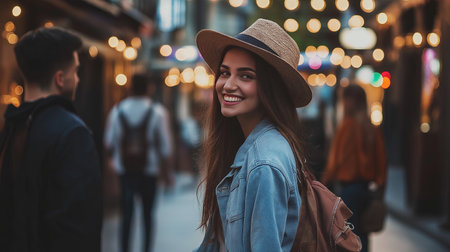 A woman wearing a straw hat and a blue jacket is smiling in front of a group of peopleの素材