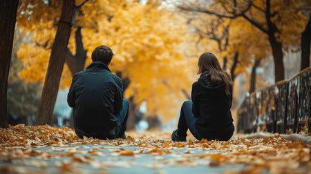 A couple sitting on the ground in a park with leaves on the ground. The man is wearing a black jacket and the woman is wearing a black hoodieの素材