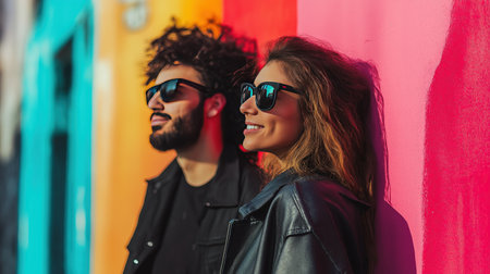 A man and a woman are standing next to each other, both wearing sunglassesの素材