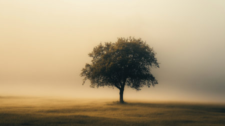 A tree stands alone in a field of tall grass. The sky is overcast and the air is foggyの素材