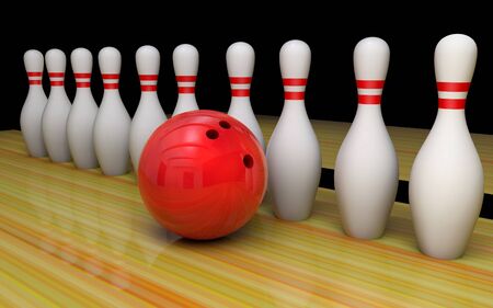 Bowling background with skittles and a ball on the track.の写真素材