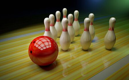 Bowling background with skittles and a ball on the track.の写真素材
