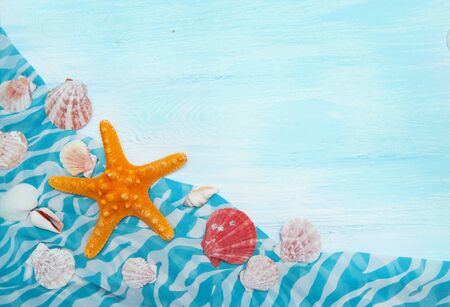 Sea background with blue wood, starfish, shells