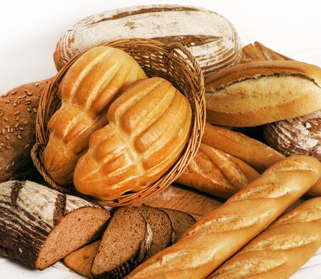 Several types of bread on white background