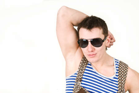 Cheerful young man in on white background