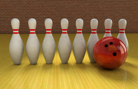 A group of bowling pins stands near a bowling ball on a lane 3D renderの写真素材
